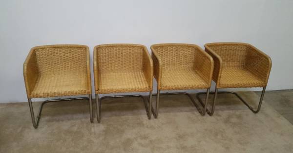 Set of (4) Harvey Probber Cantilevered Chrome Wicker Basket Chairs  - Chicago Furniture