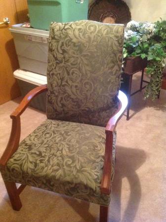 Green Tapestry Chair with wood Arms and Legs  - Chicago Furniture