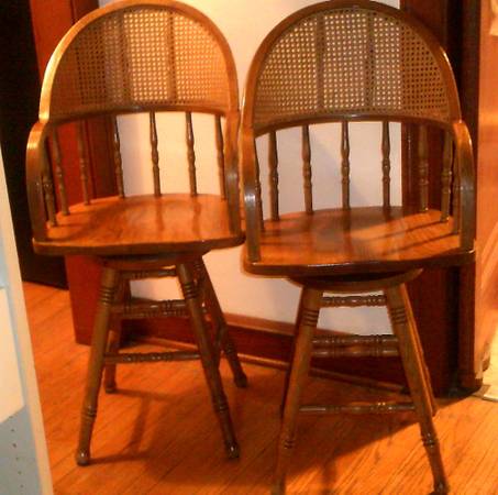 Two Vintage, Wood, Cane Back, Swivel Chairs With Arms  - Chicago Furniture