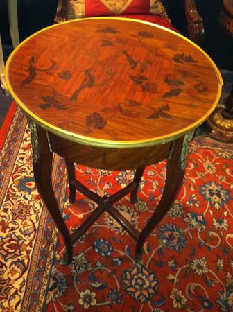 Ornate French Table with Inlays & Brass Ornamentation  - Chicago Furniture
