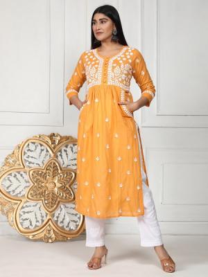 Shop Chikankari Long Kurti With Pocket for Women in Mustard at House of kari - Delhi Clothing