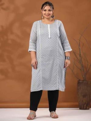 Grey Plus Size Woven Kantha Printed Laced Straight Kurta - Jaipur Clothing