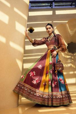Hand - Painted Floral Lehenga Set With Potli Bag From Kalista