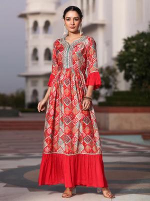 Red Muslin Digital Printed Embroidered Flared Kurta With Solid Dupatta - Jaipur Clothing