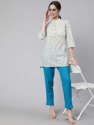 White Printed Cotton Straight Short Kurta With Turquoise Pants - Jaipur Clothing
