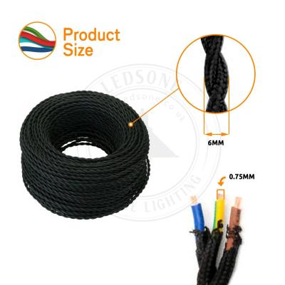 10m Black 3 Core Twisted Electric Cable covered fabric 0.75mm - Coventry Electronics