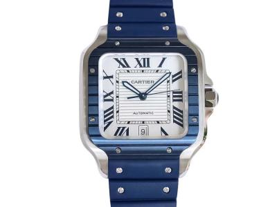 Santos Large Stainless Steel with White Dial and Blue Bezel Rubber Strap of 40