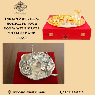 Indian Art Villa's Complete Your Pooja with Silver Thali Set and Plate