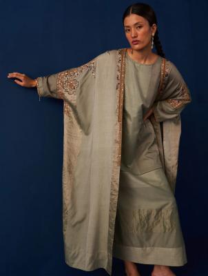 Buy Shop Embroidered Overlay With Sage Gray Dress By Manan  - Delhi Clothing