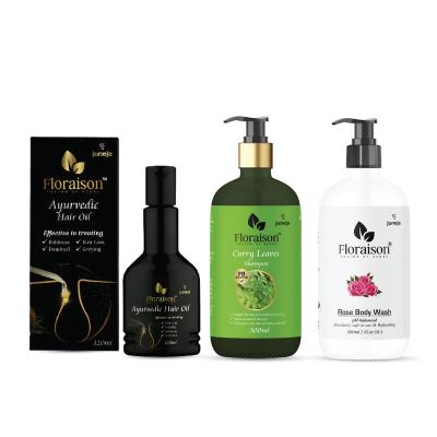 Floraison Ayurvedic Combo: Hair Oil, Curry Shampoo, Rose Wash - Ultimate Beauty Trio!