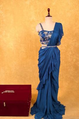 Blue Colour Chinon Ruffle Ready To Wear Saree With Readymade Embroidered Blouse | Kothari Sons - Gwalior Clothing
