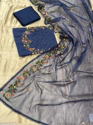 Blue Colour Chanderi Silk Embroidered Unstitched Suit For Ladies | Kothari Sons - Gwalior Clothing