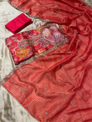 Peach Colour Crepe Tissue Unstitched Suits For Ladies | Kothari Sons