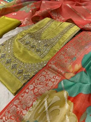 Green Colour Crepe Tissue Unstitched Wedding Suits | Kothari Sons