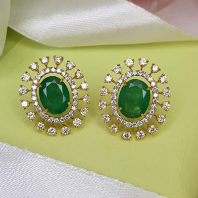 Emerald Ear Studs in 18K Gold - Delhi Jewellery