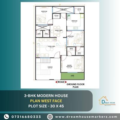 Elegant 3-BHK Modern House Plan: A Simple Single Floor Design