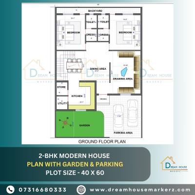 2-BHK Single Floor House Design with Garden & Parking - Indore Interior Designing