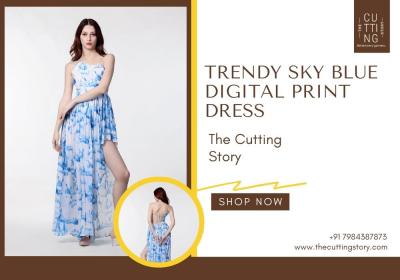 Trendy Sky Blue Digital Print Dress Online - The Cutting Story - Surat Clothing