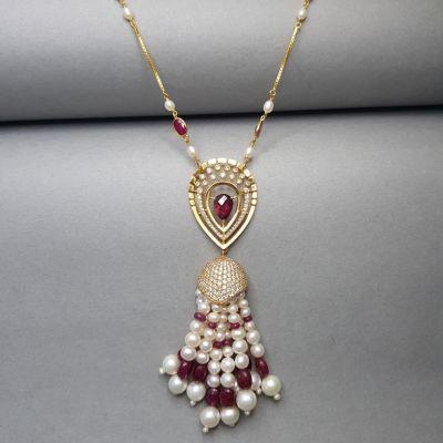 Pearl and Ruby Tassel Necklace in 18K Gold - Delhi Jewellery
