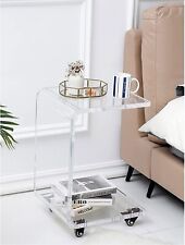 Acrylic Movable Clear Bedside Table C-Shaped End Table Snack Table on Wheels