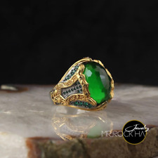 Green Oval Zircon Stone,Gold&Rhodium Plated,Antique&Vintage,925 Silver Mens Ring