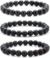 8MM Lava Stone Black Obsidian Agate Beaded Onyx Healing Men's Bracelet Set Gift