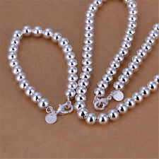 925 silver women Charm 8MM beads Pretty wedding Bracelet necklace jewelry set