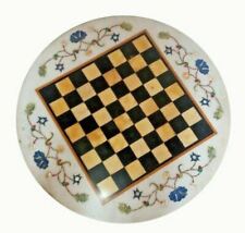 18'' White Marble Chess Table Top Pietra Dura Inlay Malachite Children Game c18