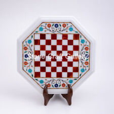 18 White Marble Chess Table Multi Semi Precious stones Floral Inlay Decor"