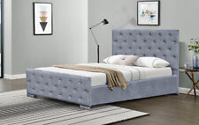 Brushed Velvet Diamante Chesterfield Upholstered Bed In Grey SINGLE DOUBLE KING