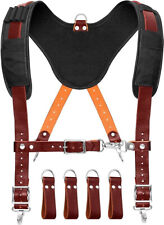 Leather Tool Belt Suspenders Padded with 4 Detachable D-Loop for Construction