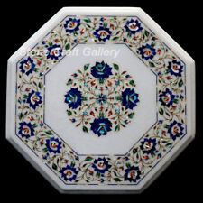 18 White Marble Corner Table Top Semi Precious Stones Floral Art Inlay Work"