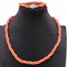 3 Strands 4mm Orange Coral Round Beads Necklace Bracelet Jewelry Set for Women