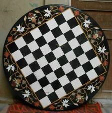 18'' Black Marble Chess Table Top Pietra Dura Inlay Malachite Children Game c24