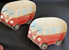 Two Porcelain Red VW Van Handpainted Decorative Plates