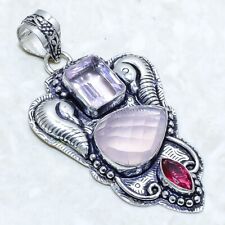 Rose Quartz, Rubellite Gemstone Handmade Silver Jewelry Pendant 2.4 PRJ12887"