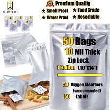 Smell Proof 50 pcs Mylar Bags 10 Mil Thick 1 Gallon w/ Oxygen absorbers 500CC