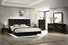 Modern Italian 5PC Gloss Black Gold LED Queen King Bed Set Minimalist Furniture - Mumbai - India