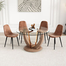 modern minimalist tempered glass dining table circular diameter wood texture leg - Mumbai - India