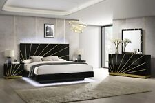 Modern Italian 4PC Gloss Black Gold LED Queen King Bed Set Minimalist Furniture - Houston - US