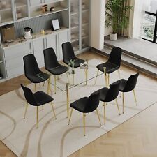 Dining Table Set of 9 0.32 Tempered Glass Top Metal Legs Eight Fabric Chairs - El Monte - US"