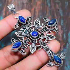 Cross Lapis Lazuli Gemstone Handmade Gift Jewelry Pendant 3.35 y471"