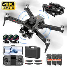 Brushless RC Drone w/ 4K HD Three Camera WiFi FPV Foldable Quadcopter +3 Battery