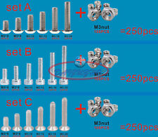 250pcs Stainless Steel Allen Bolts With Hex Nuts Screws Assortment M3(3mm) A2 - CN