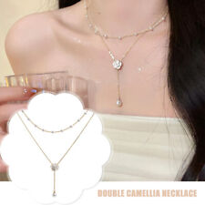 Double Layer Camellia Flower Pendant Necklace Women Long Pearl Drop Jewelry DT