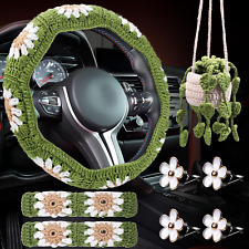 8 Pcs Crochet Car Accessories Set Handmade Sunflower Crochet Steering Wheel Cove