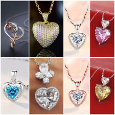 Women 925 Silver Filled,Gold Heart Necklace Pendant Cubic Zircon Jewelry