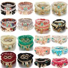 Women Men Boho Multilayer Natural Stone Crystal Elastic Bangle Bracelet Jewelry