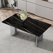 Modern Minimalist Dining Table - Black Imitation Marble Glass with Silver Metal - Ontario - US