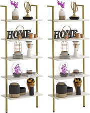 5 Tiers Ladder 2-Piece Shelf White Marble Modern Bookshelf Open Tall Wall Mount - Toronto - Canada